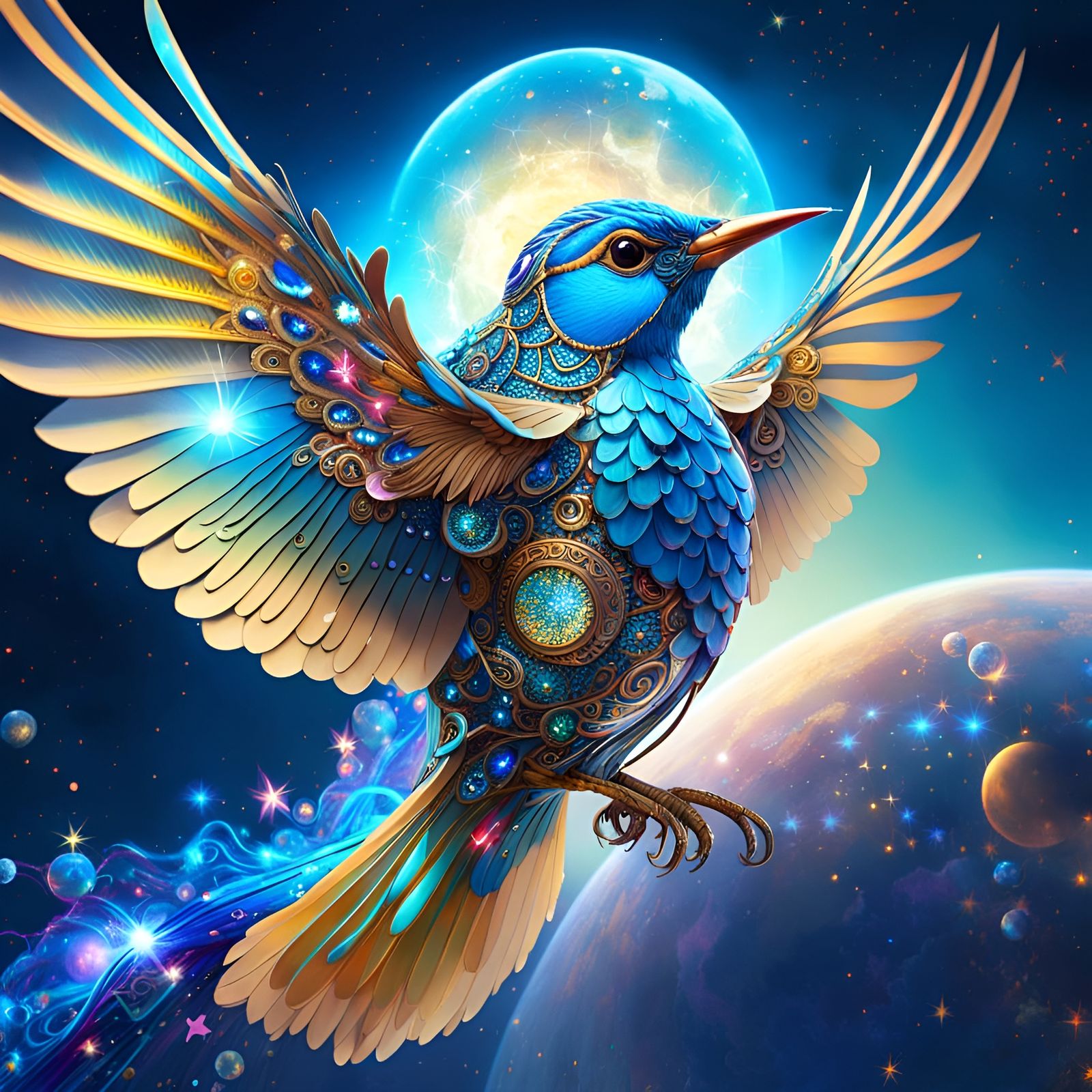 Celestial Bird Soaring Through Sparkling Space