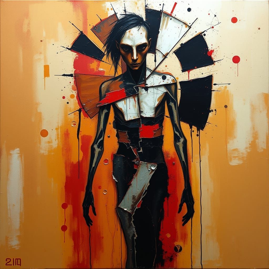 Haunting Abstract Figure with Fractured Canvas, Expressive B...