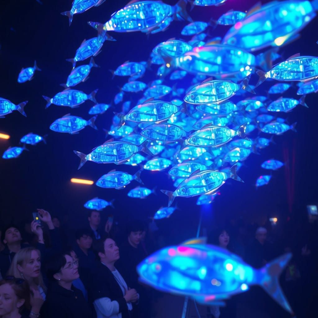 Holographic Fish in Iridescent Swarm