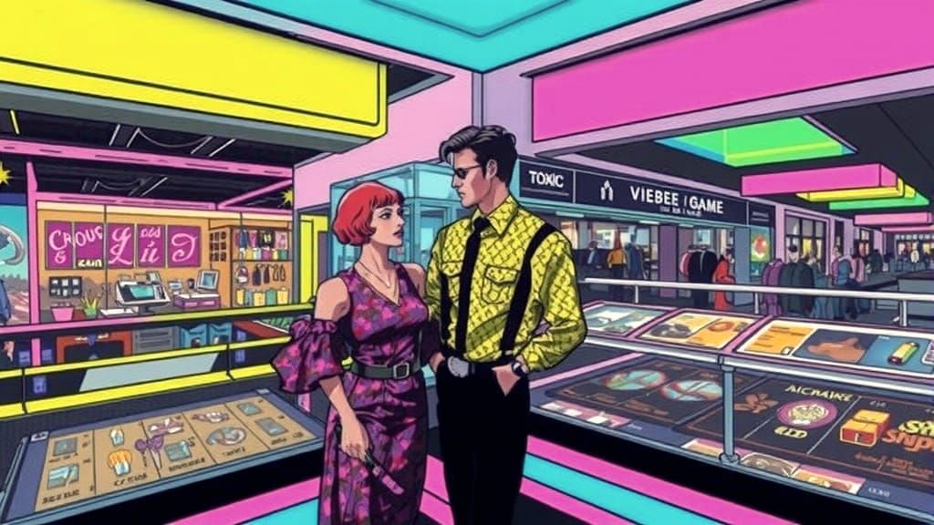 Vaporwave Mall Scene with Couple in 80s Fashion