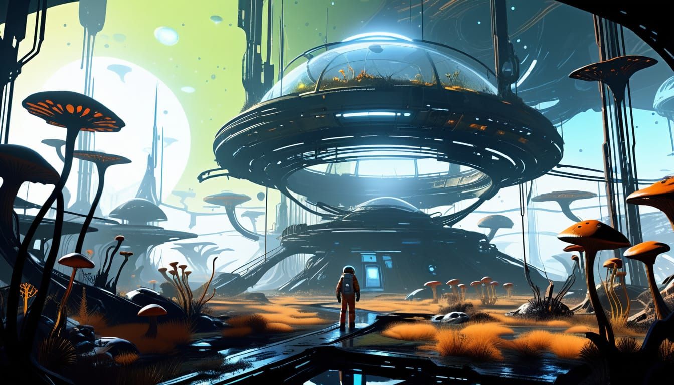 Astronaut and Bioluminescent Garden in Derelict Biodome