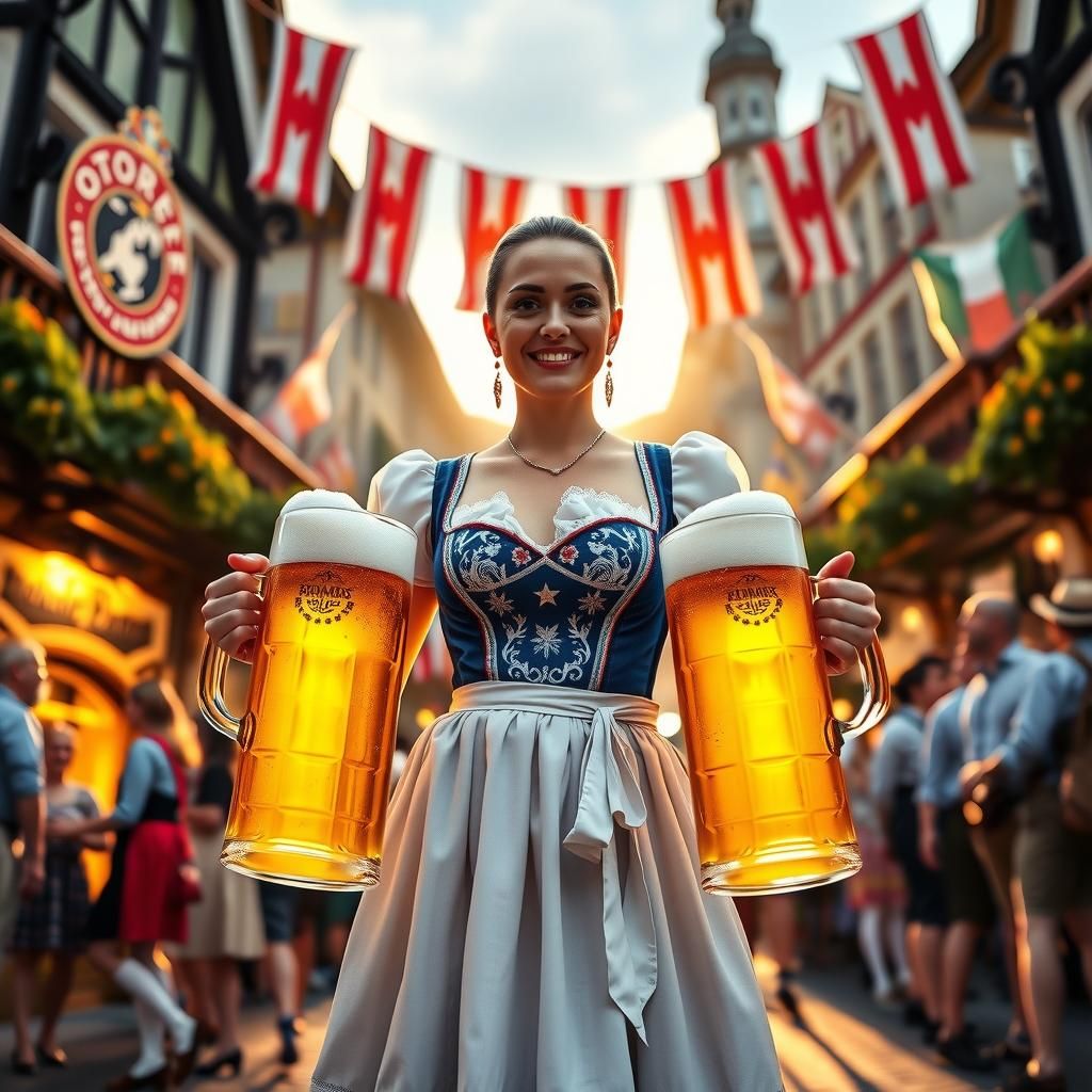 Oktoberfest Celebration: Bavarian Woman with Beer Steins