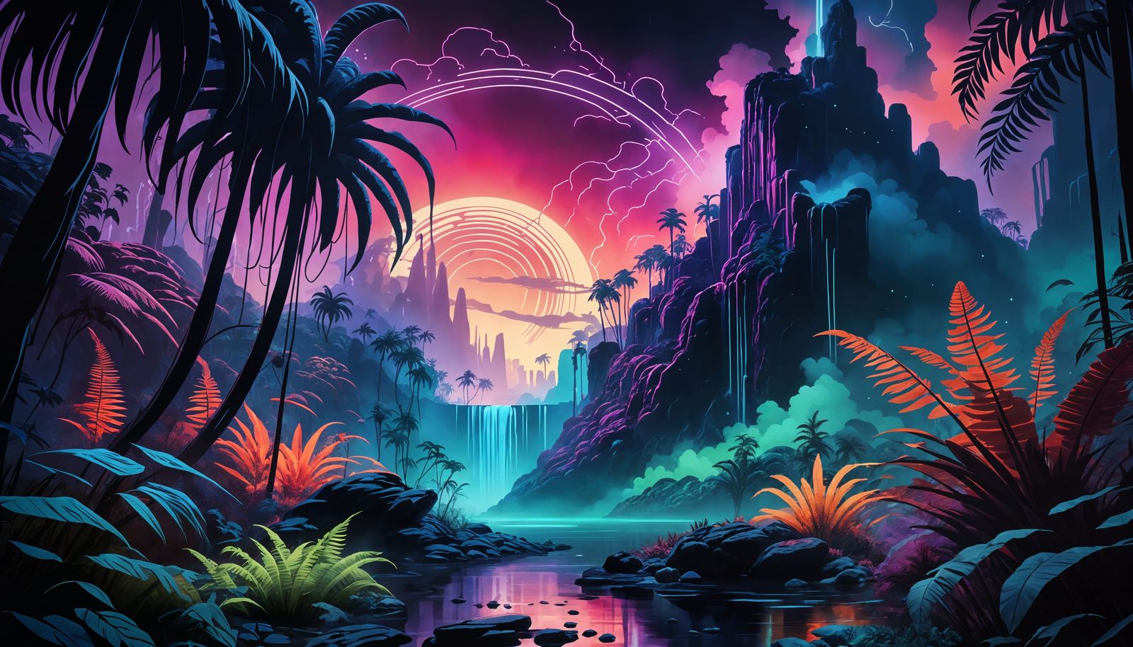 Surreal Futuristic Landscape with Neon Waterfalls and Radian...