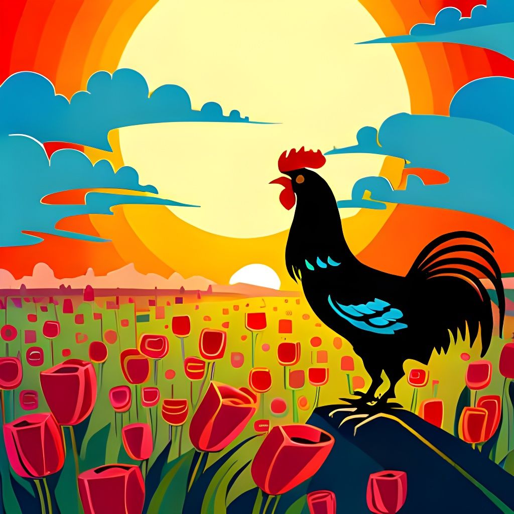 Fairytale Rooster Crows at Sunrise in Vivid Colors
