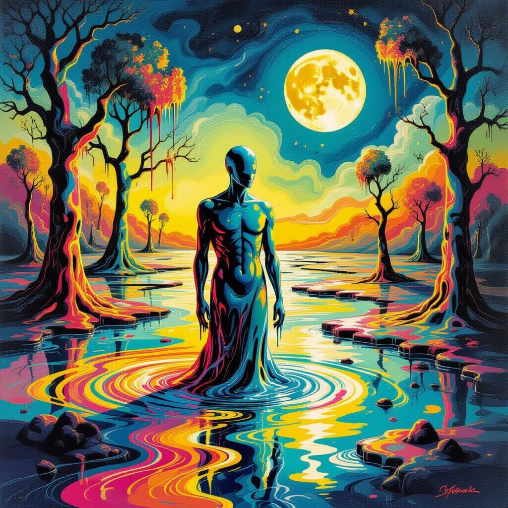 Surreal Melting Figure in Distorted Landscape