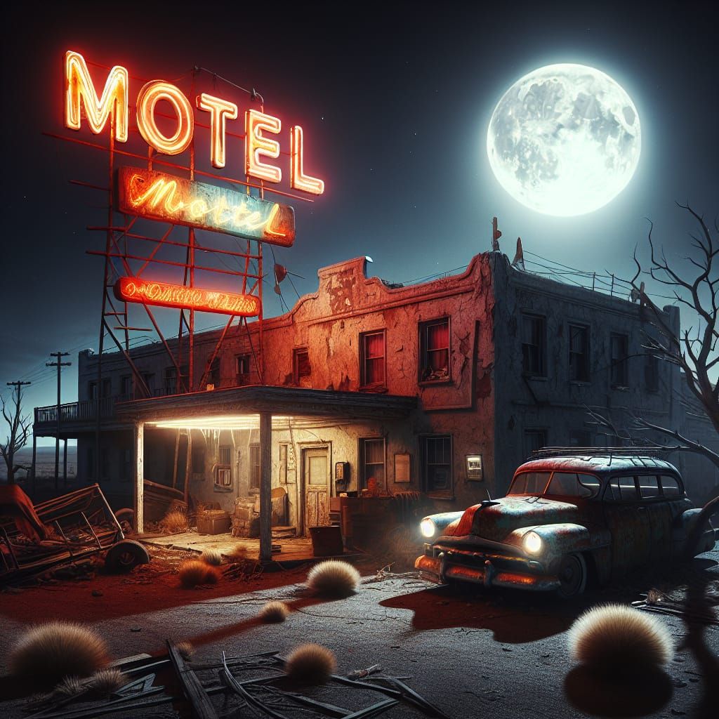 Eerie Dilapidated Motel Under Moonlight