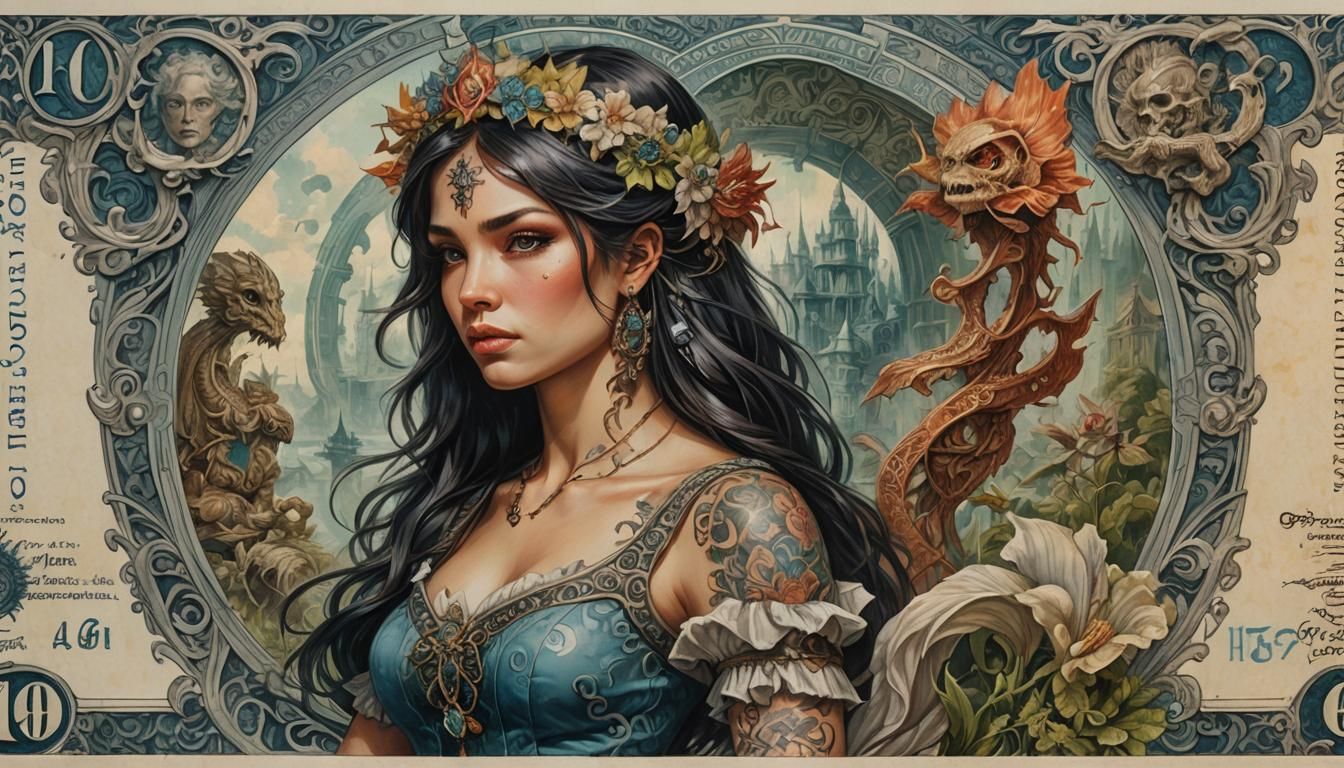 Fantasy Banknote with Tattoo Art in Oil Painting Style