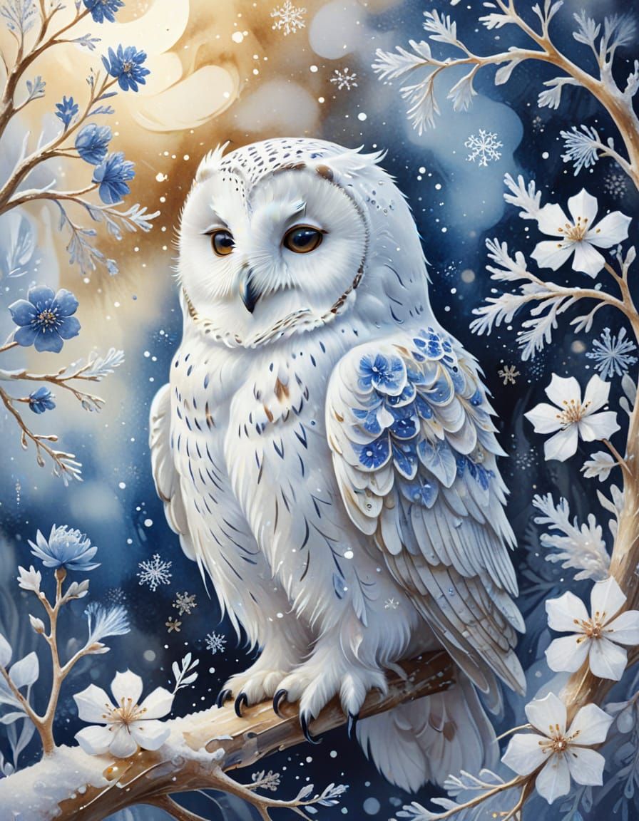 White Owl Amidst Snowflakes and Ice in Watercolor Style