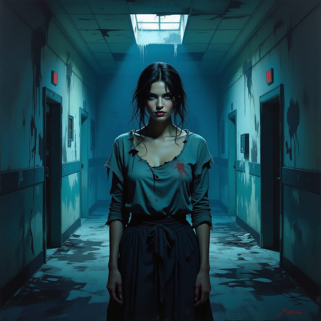 Eerie Woman in Asylum: Impasto Acrylic Horror Scene