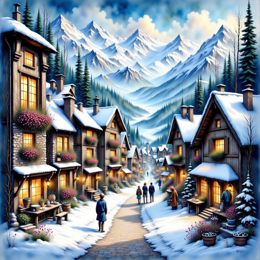 Alpine Village in Snow-Capped Mountains: Digital Art