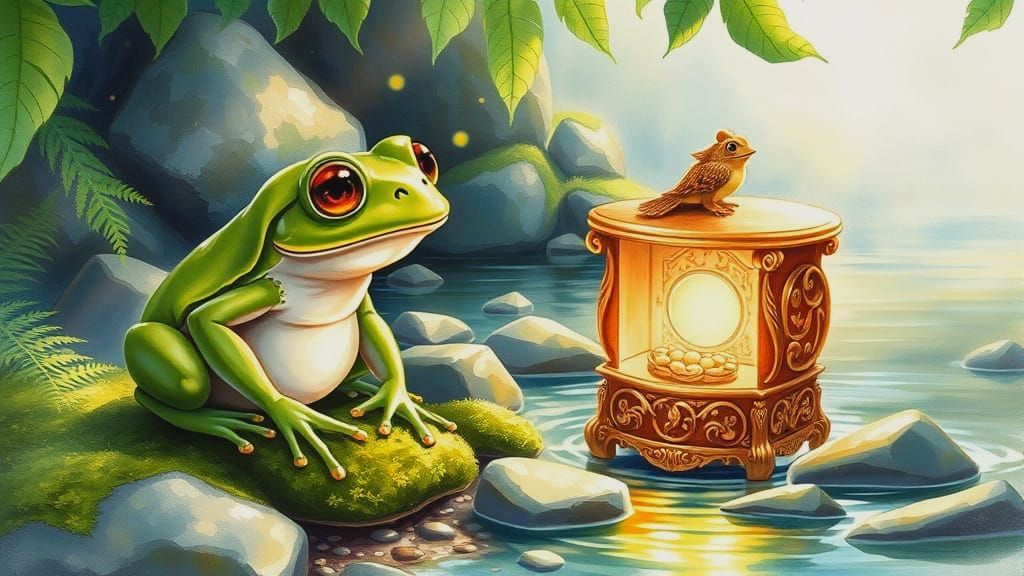 Frogs Enjoying Music From a Magical Box by Creek