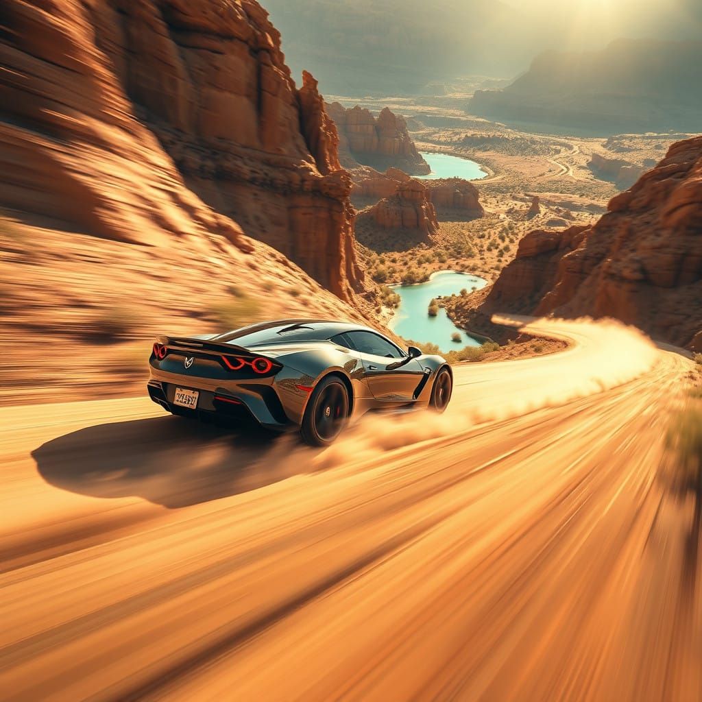 Racing Sports Car in Desert Grand Canyon Landscape