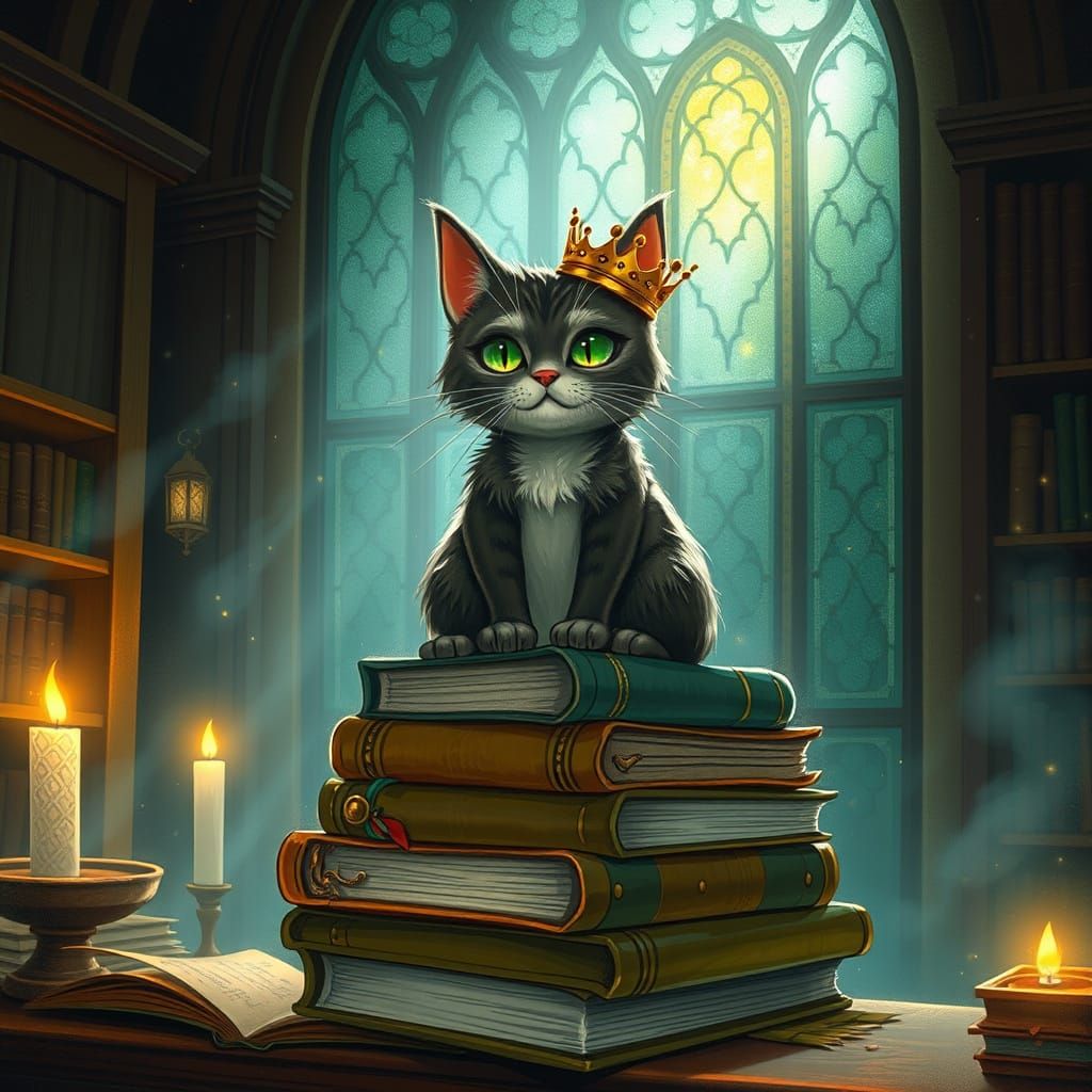 Anthropomorphic Cat King on Spellbooks in Enchanted Library