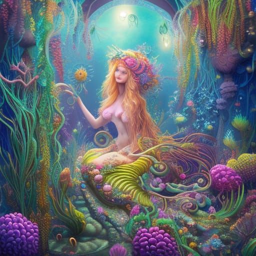Mermaid Gardeners in Bioluminescent Deep-Sea Paradise