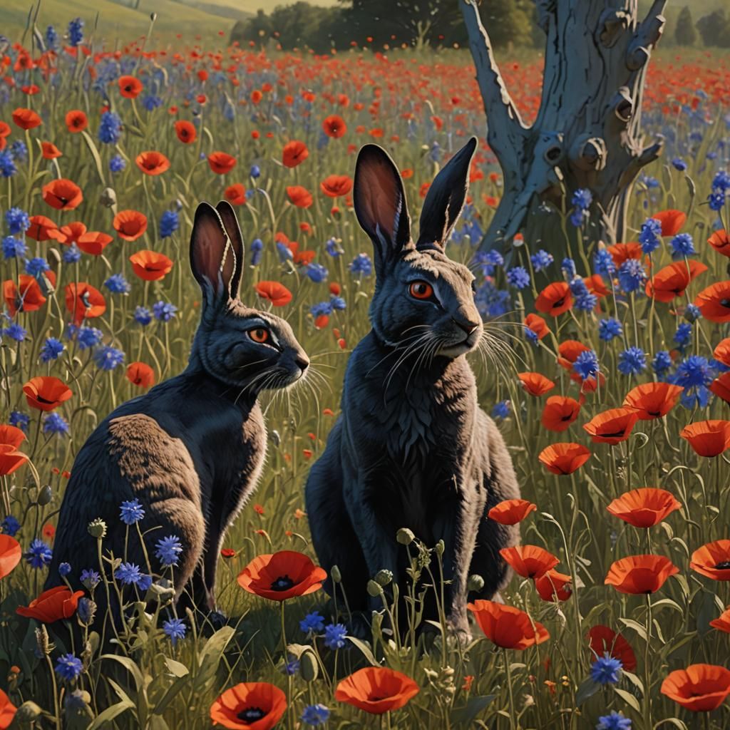 Jackrabbit and Black Cat in Klimt Style