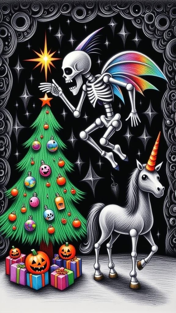 Child-Like Drawing Of Crypt Kingdom With Skeleton And Unicor...