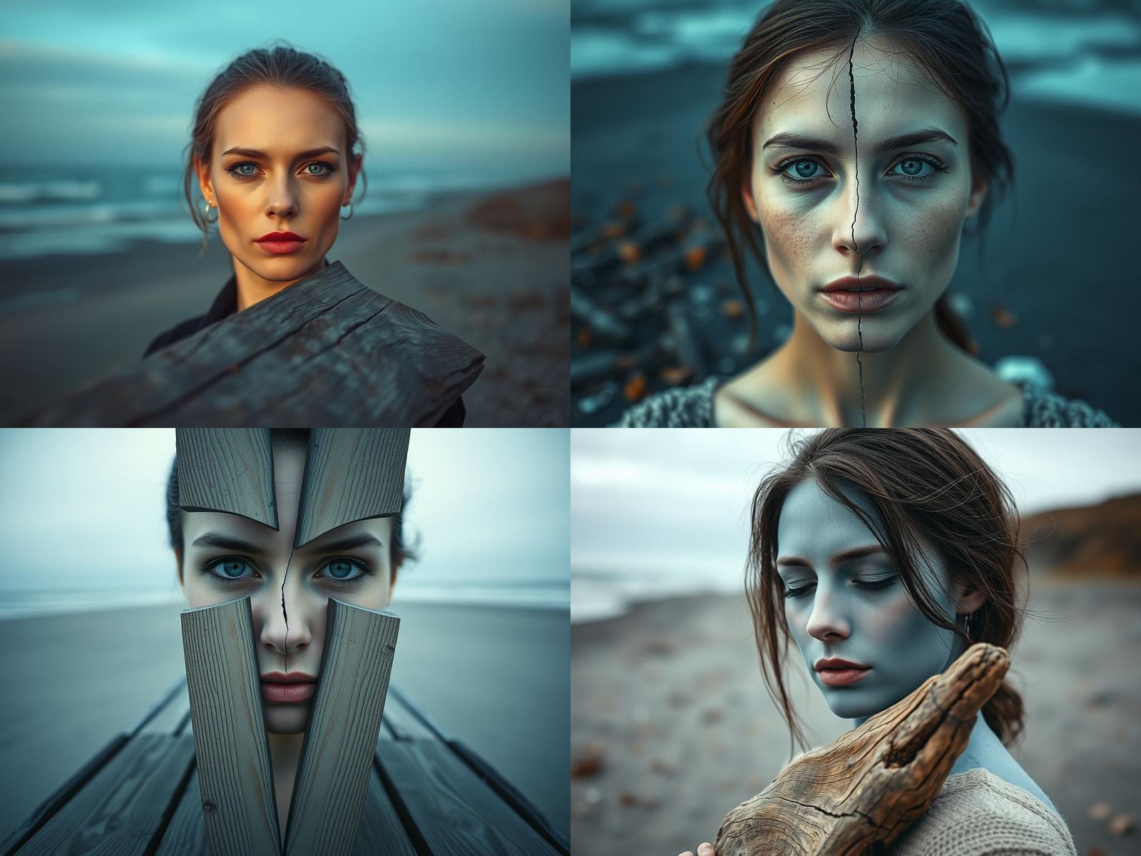 Asymmetric Blue Face on Autumn Beach: Conceptual Photography