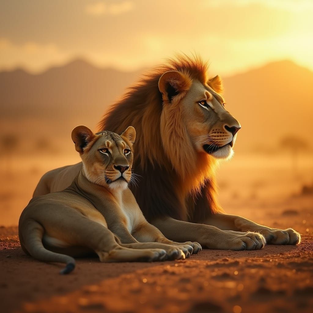 Majestic Lion and Lioness in Golden Hour Savanna