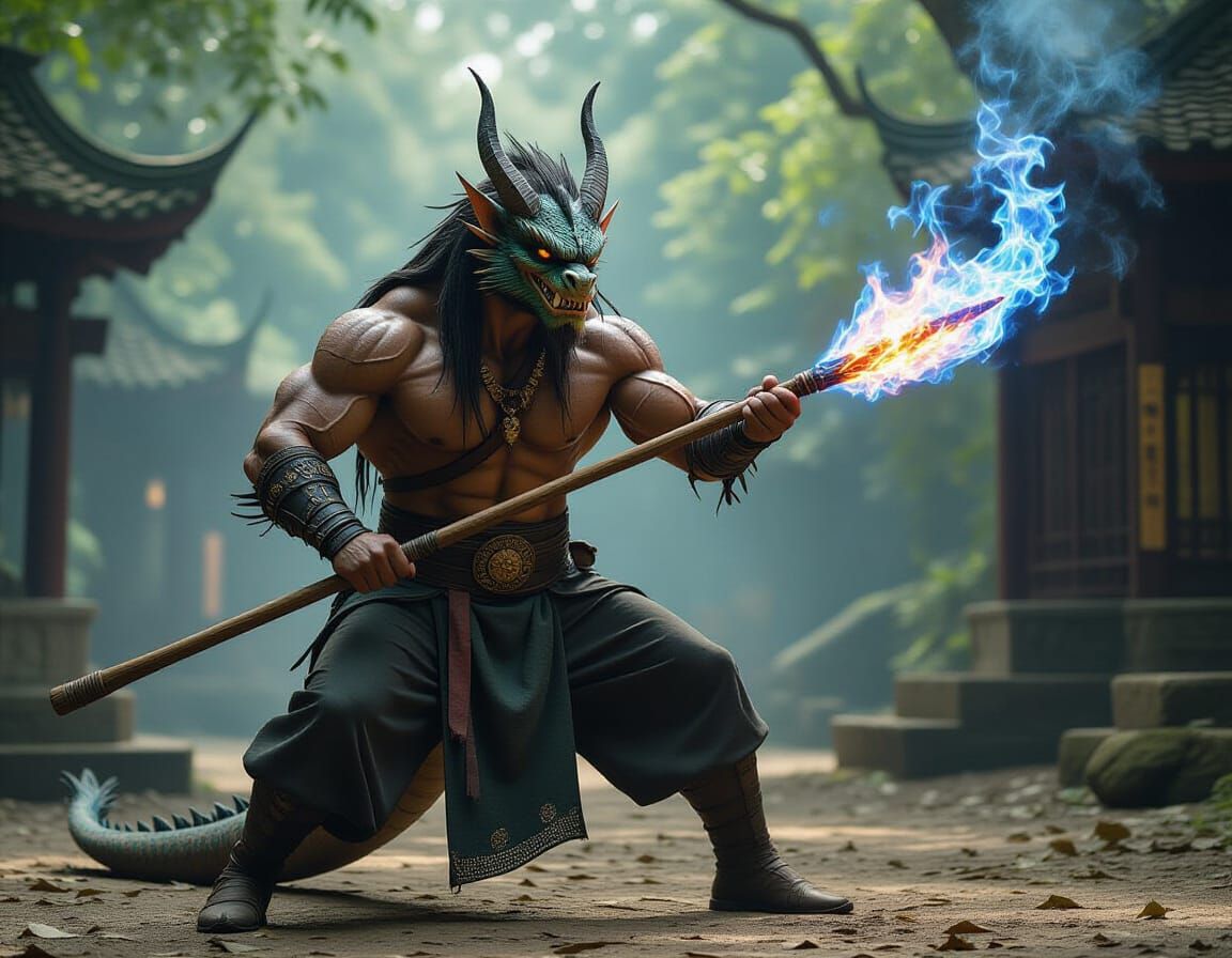 Dragon Monk With Fiery Staff in Ancient Woods