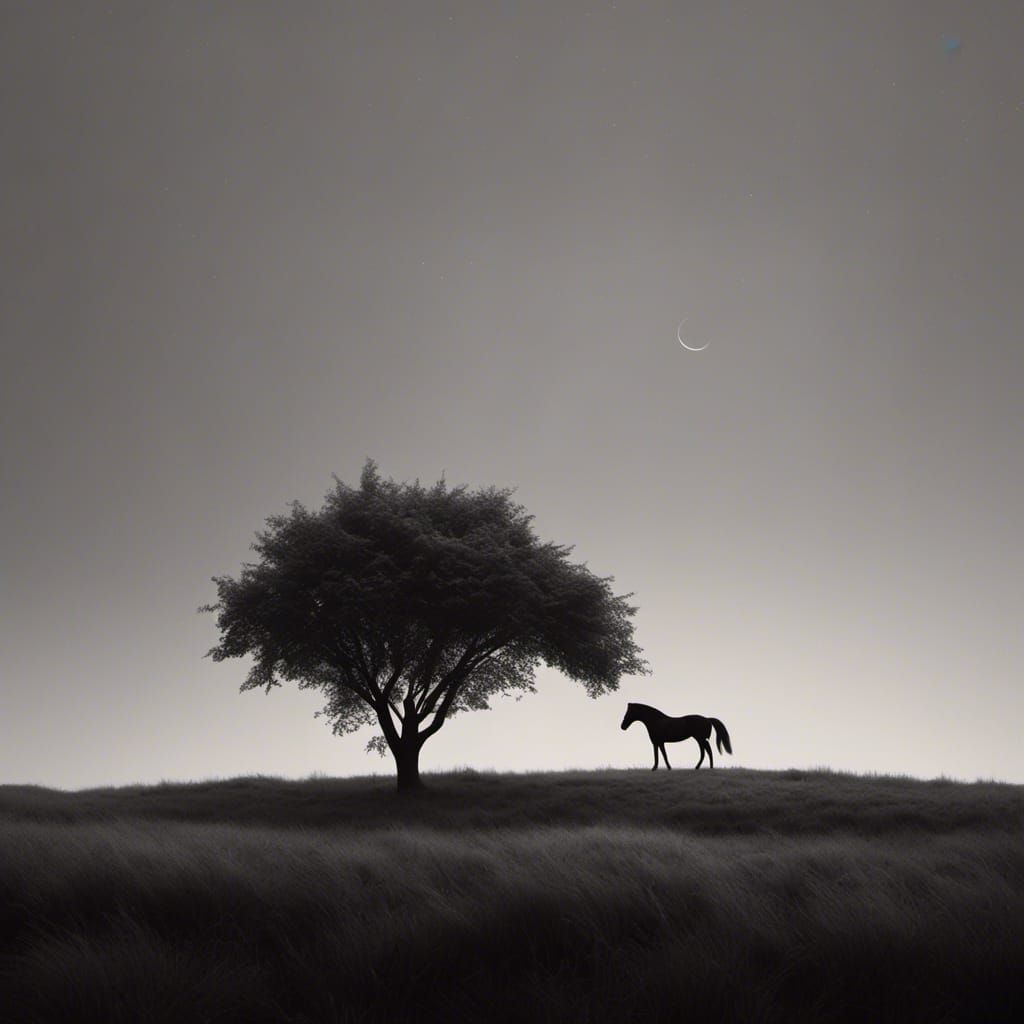 Monochrome Horse Valley at Night in Dark Atmosphere