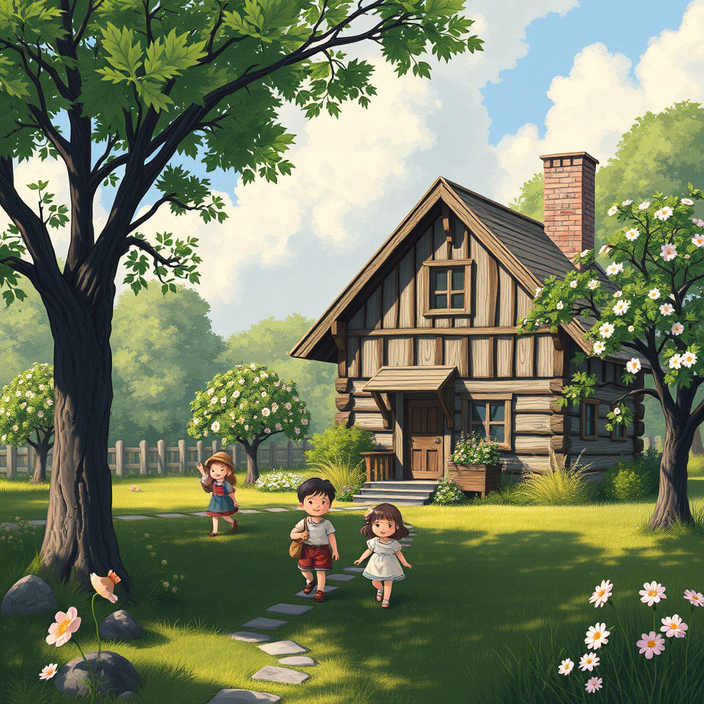 Idyllic Orchard Home with Happy Children