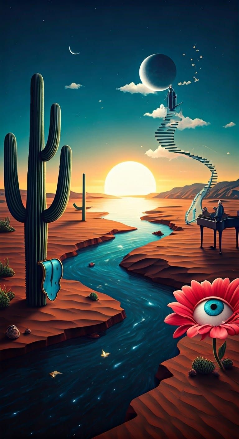 Surreal Desert Twilight with Cloud Piano