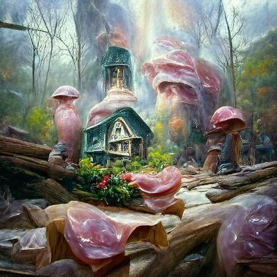 Gnome House with Mushroom Roof: Ethereal Oil Painting