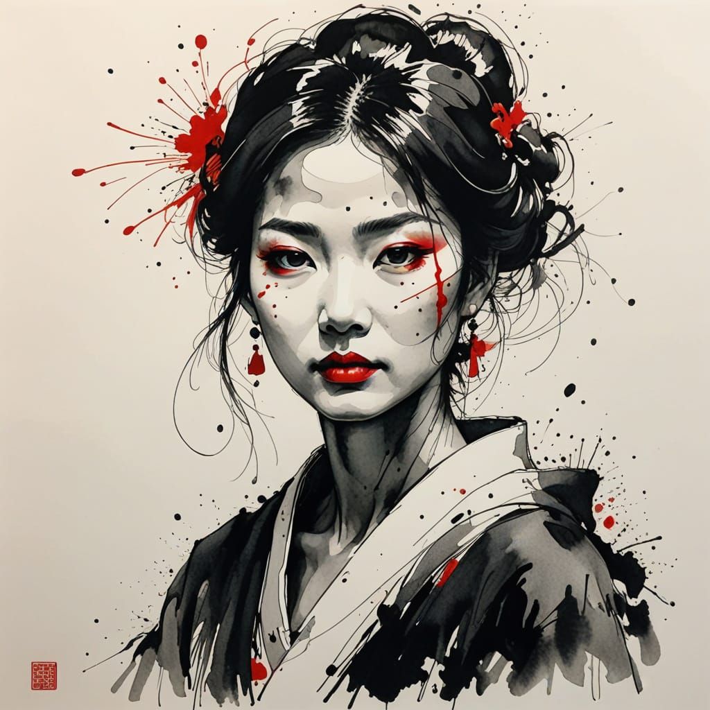 Avant Garde Japanese Ink Portrait in Sumi-e Style