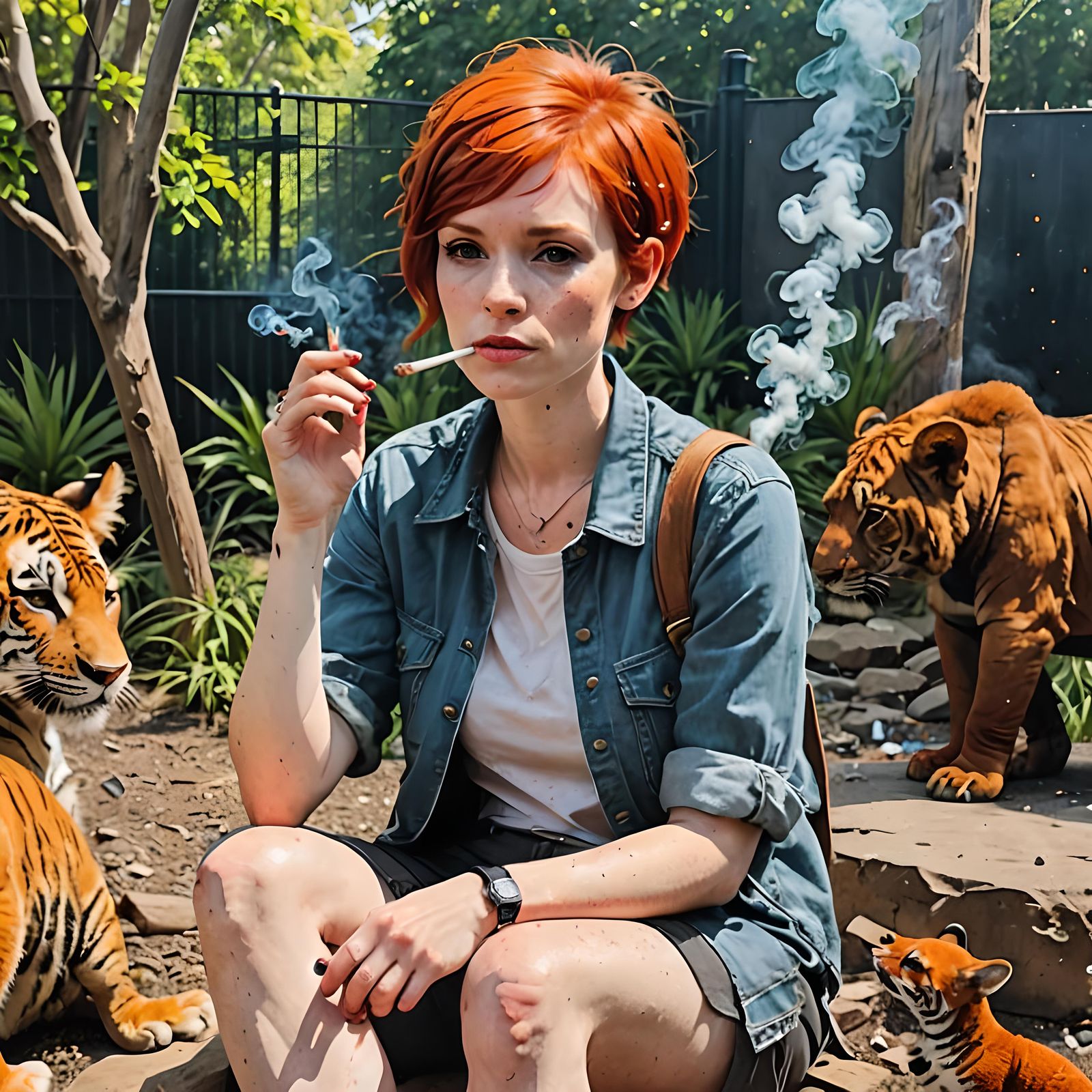 Redhead Girl Smoking at the Zoo, Crayon Art