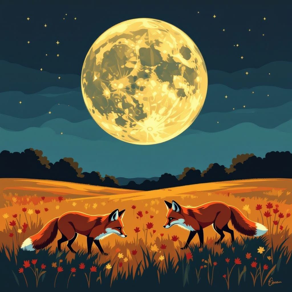 Moonlit Meadow with Foxes in Harlem Renaissance Style