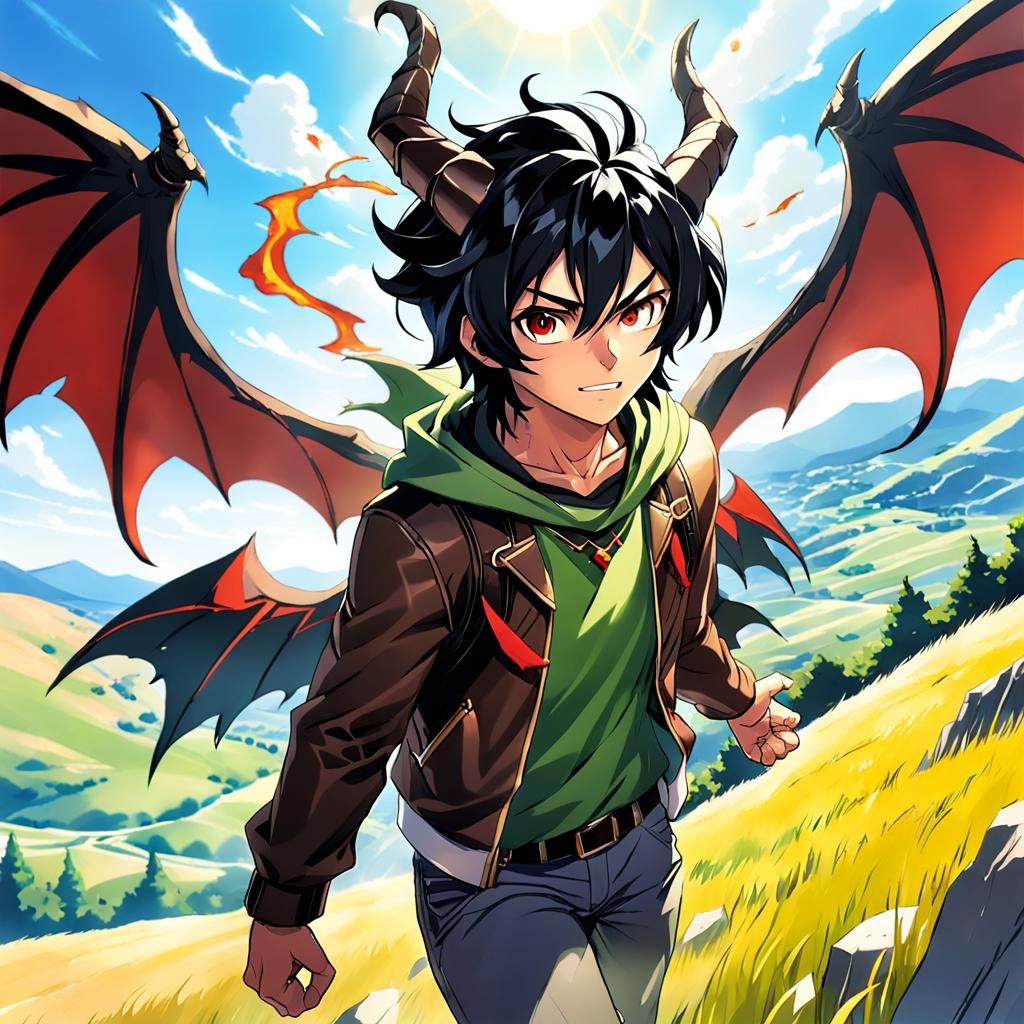 Anime Adventurer Casting a Spell on Hillside