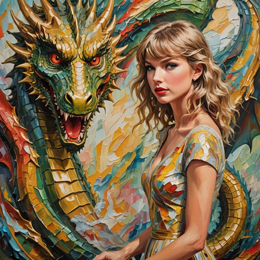 Taylor Swift and Dragon in Neo-Expressionist Impasto