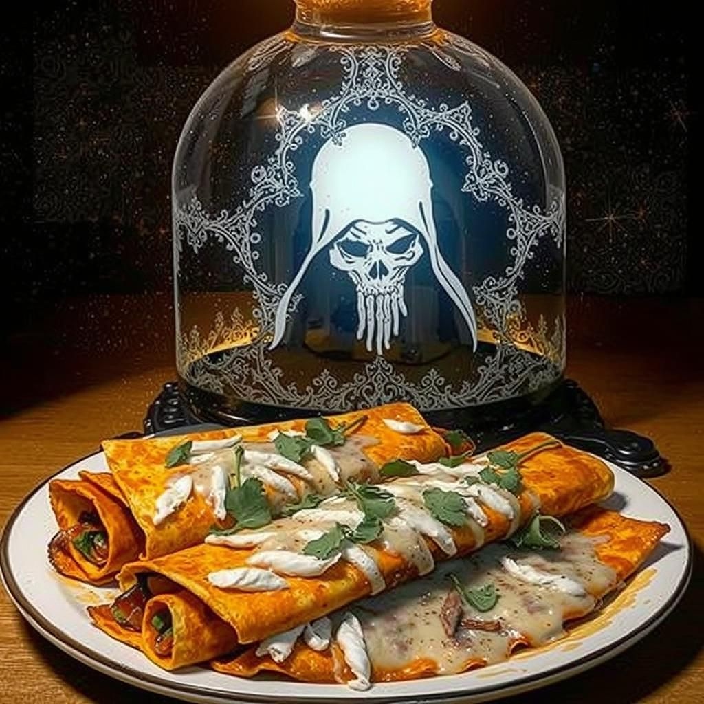 Enchiladas and Ghost Peppers Portrait, Photorealistic Style
