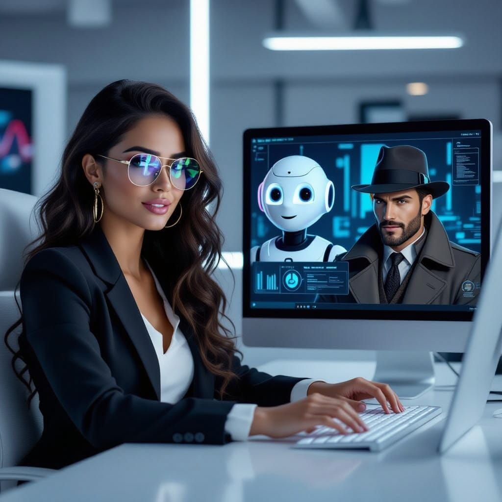 Woman in Futuristic Office Scene with AI Assistant and Detec...