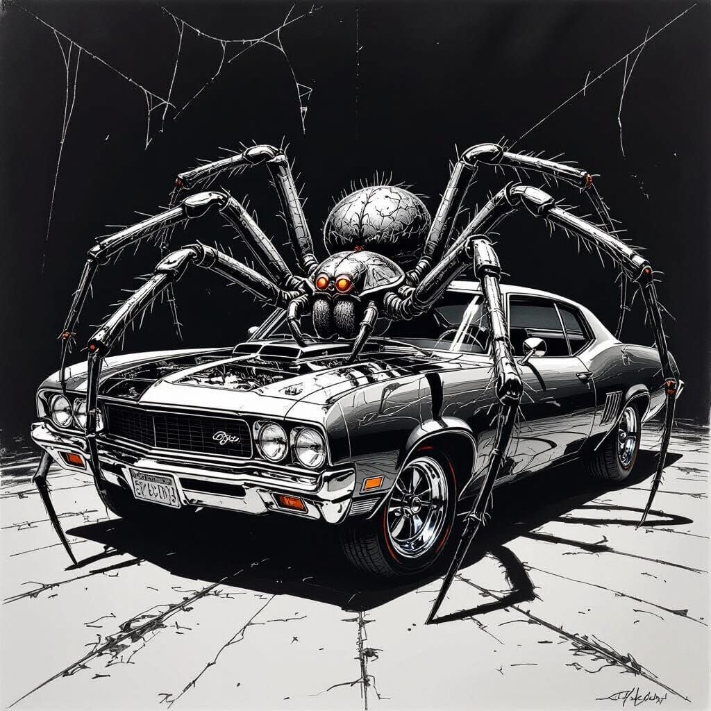 Spider-Car Fusion: Gothic Ink Sketch