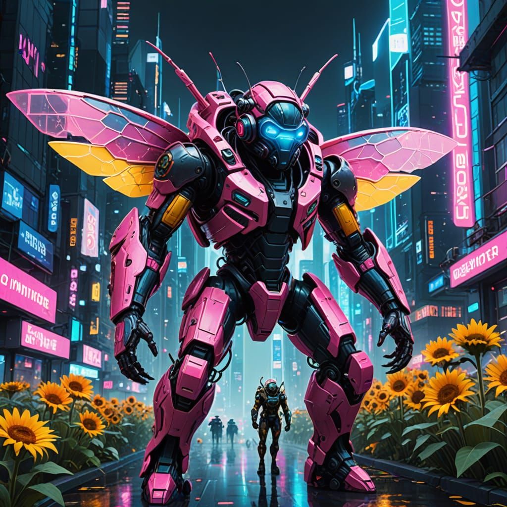 Cyberpunk Bee Soars Through a Neon City