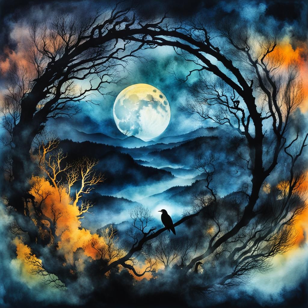 Moody Watercolor Landscape with Double Exposure