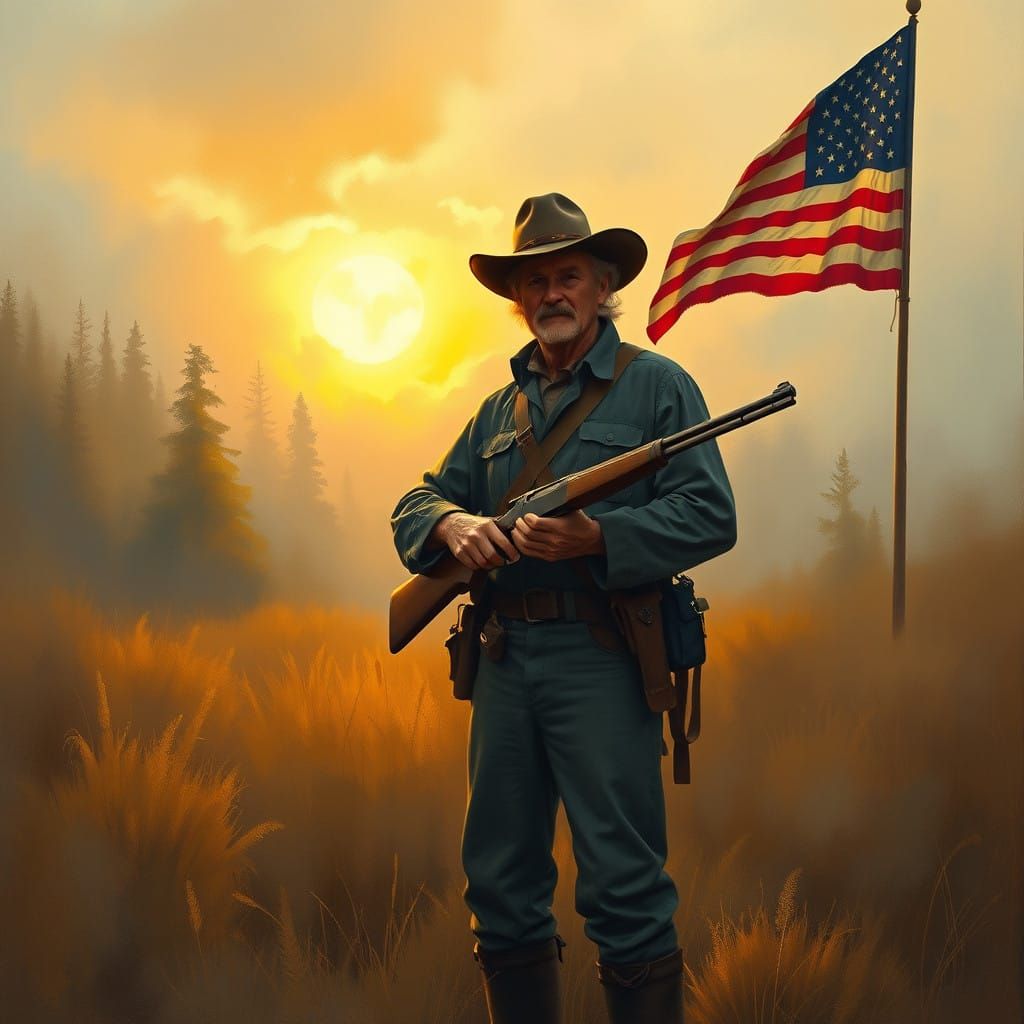 Patriot Standing in Dawn-Lit American Wilderness