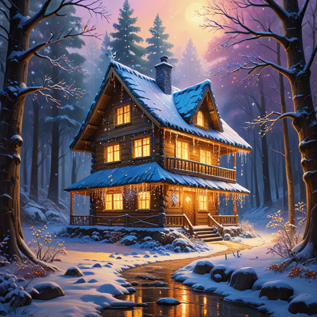 Enchanting Winter House in Abstract Expressionist Style