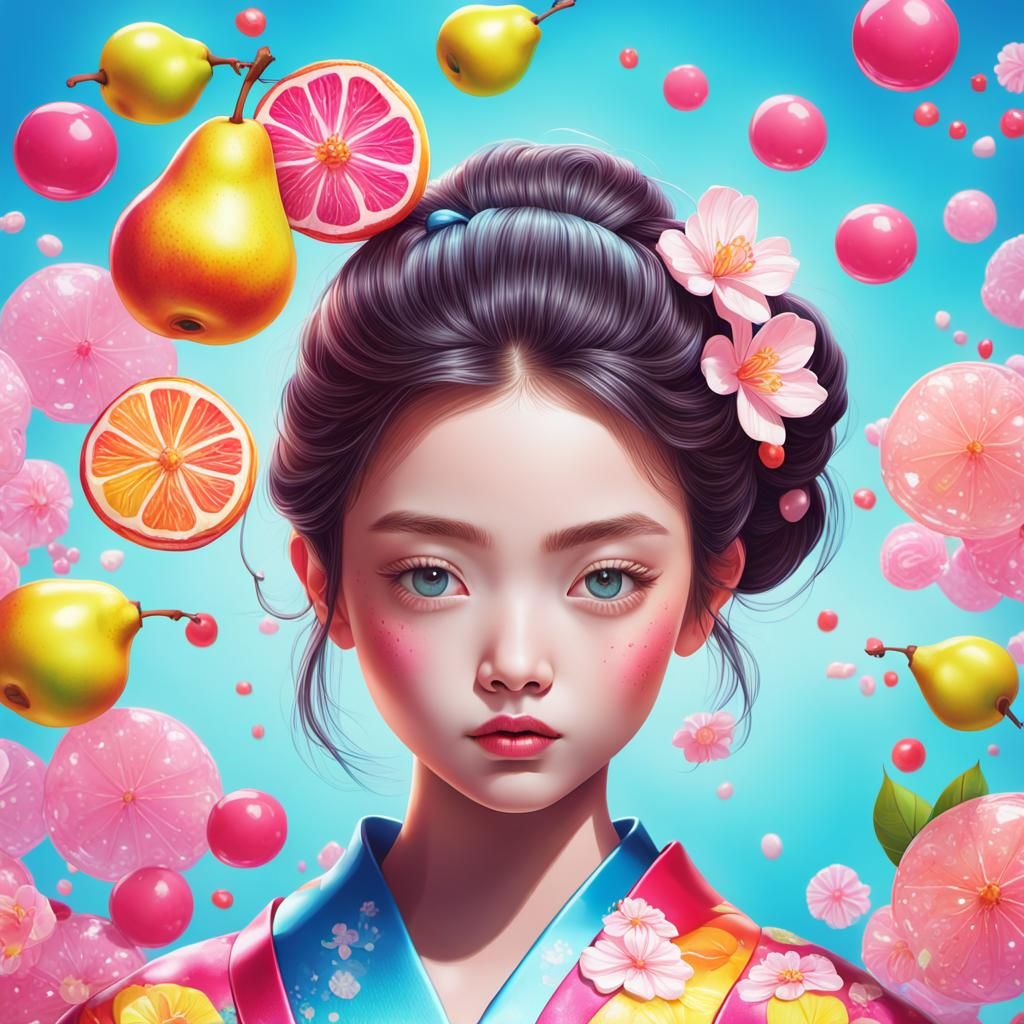 Girl in Pear Kimono with Candy: Hyperrealistic Illustration