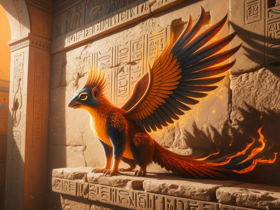 Egyptian Phoenix Squirrel Mural in Vibrant Hieroglyphic Colo...