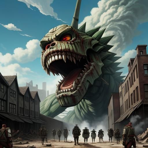 Destroyed Town with Giant Monsters in Manga Style
