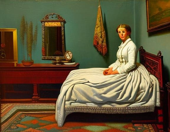 Woman in 1900s Bedroom, Oil Painting
