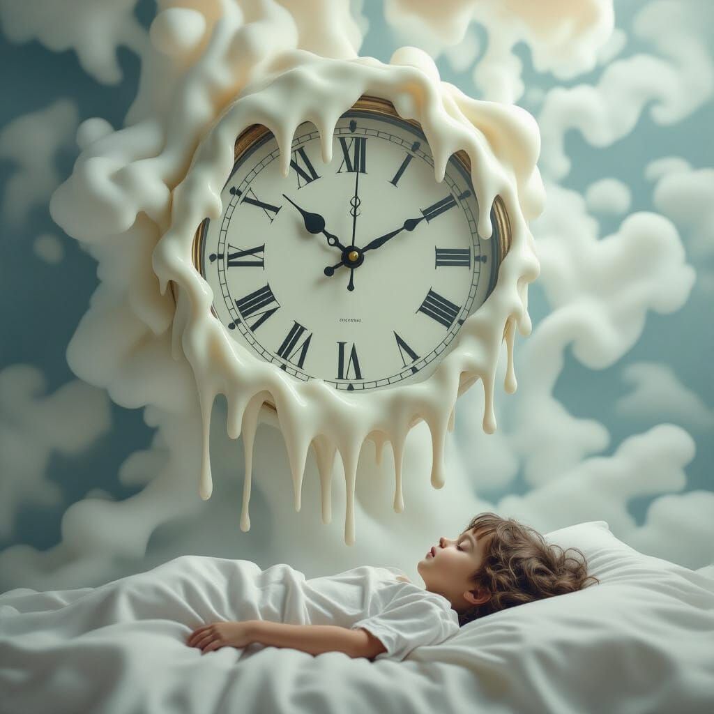 Surreal Melting Clock Above Sleeping Child, Photorealistic D...