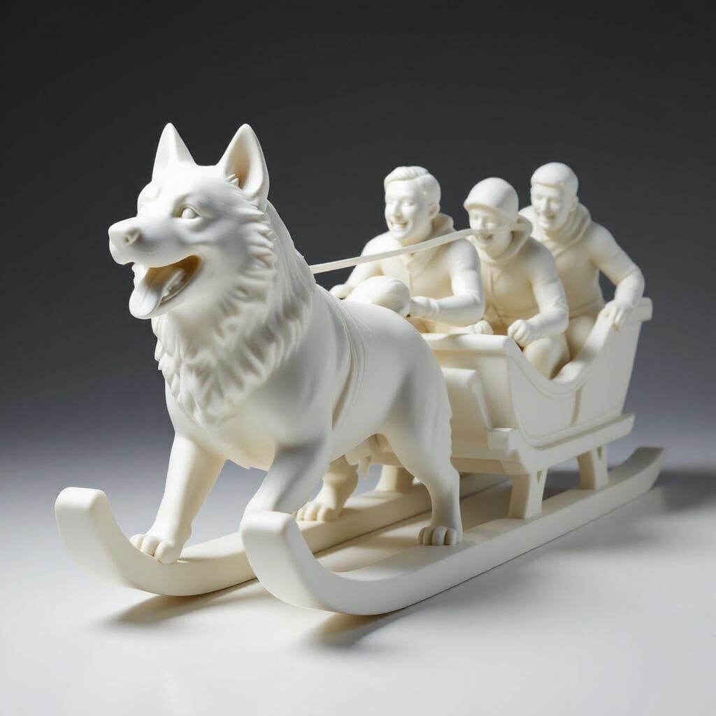Abstract Alabaster Husky Sculpture Riding Sled Pulled by Men