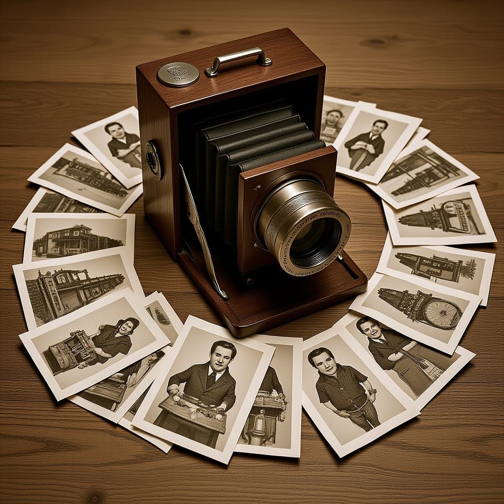 Vintage Camera Surrounded by Black and White Photos