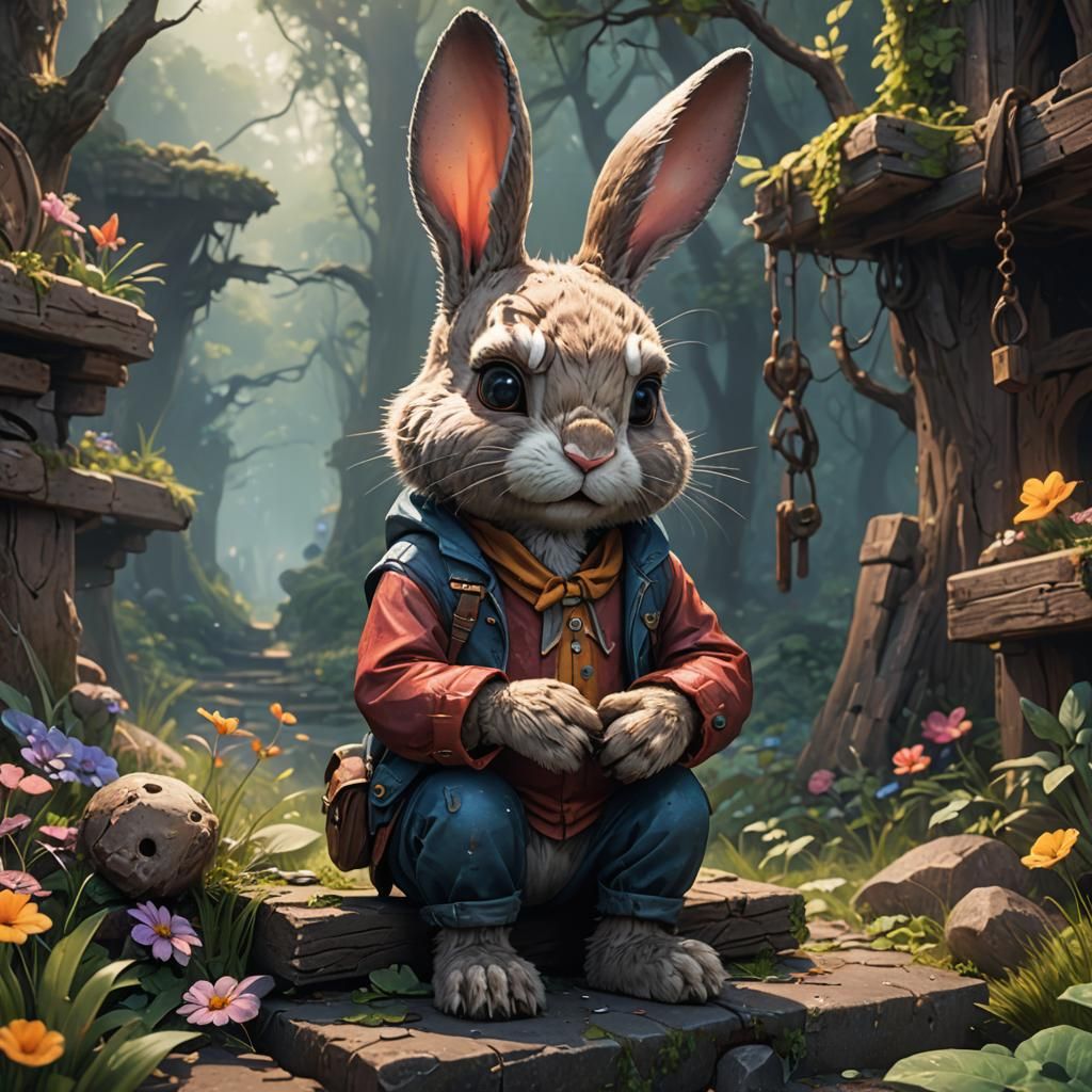 Sad Bunny Misses Bear Girlfriend: Detailed Matte Painting