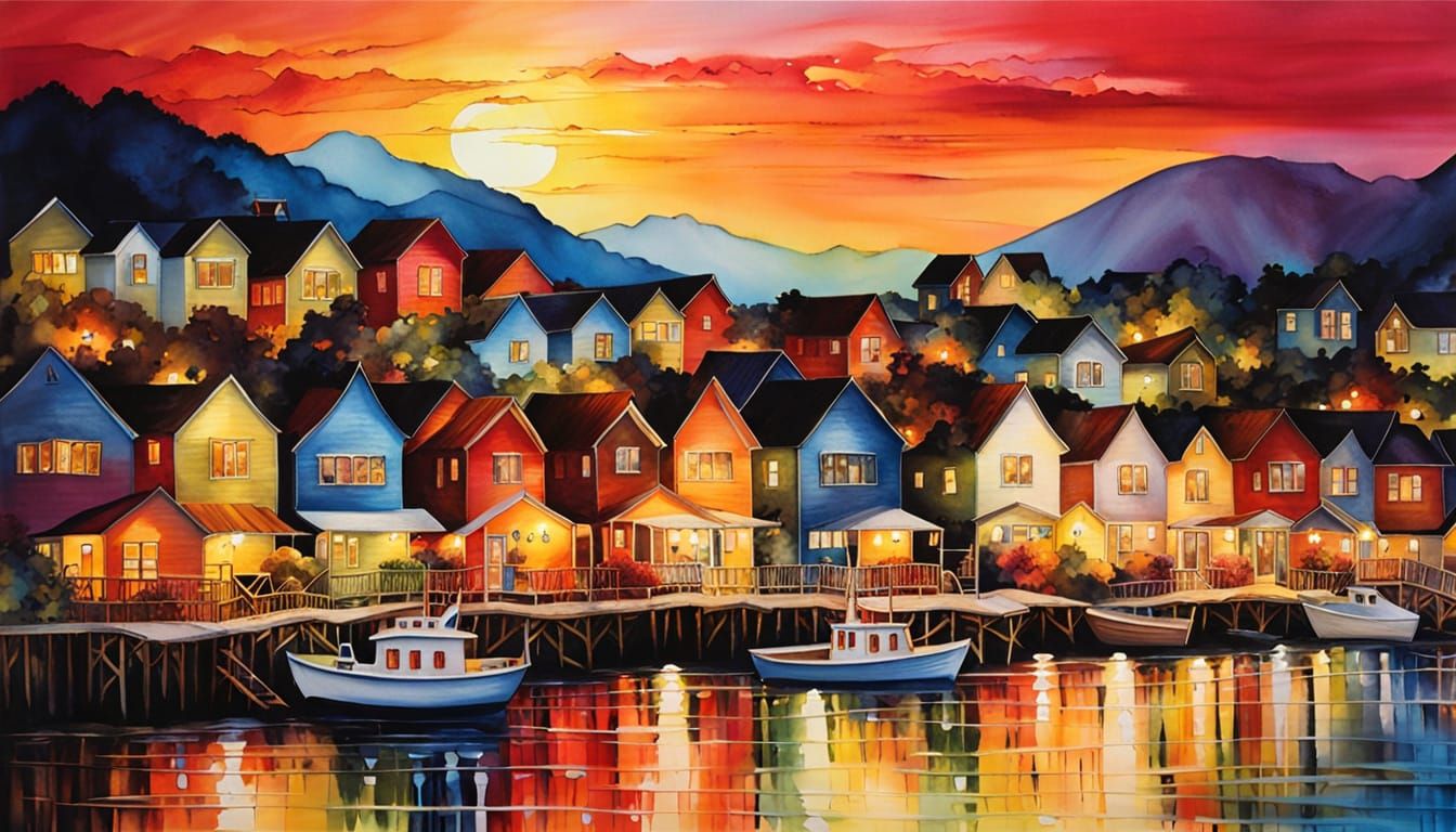 Seaside Village Aglow at Golden Hour