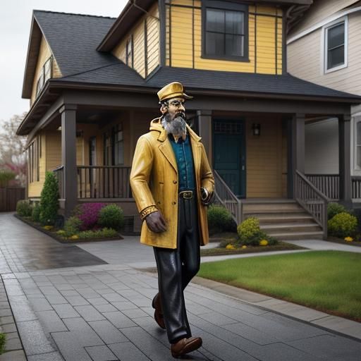Hyperrealistic Sea Captain Statue in Yellow Raincoat