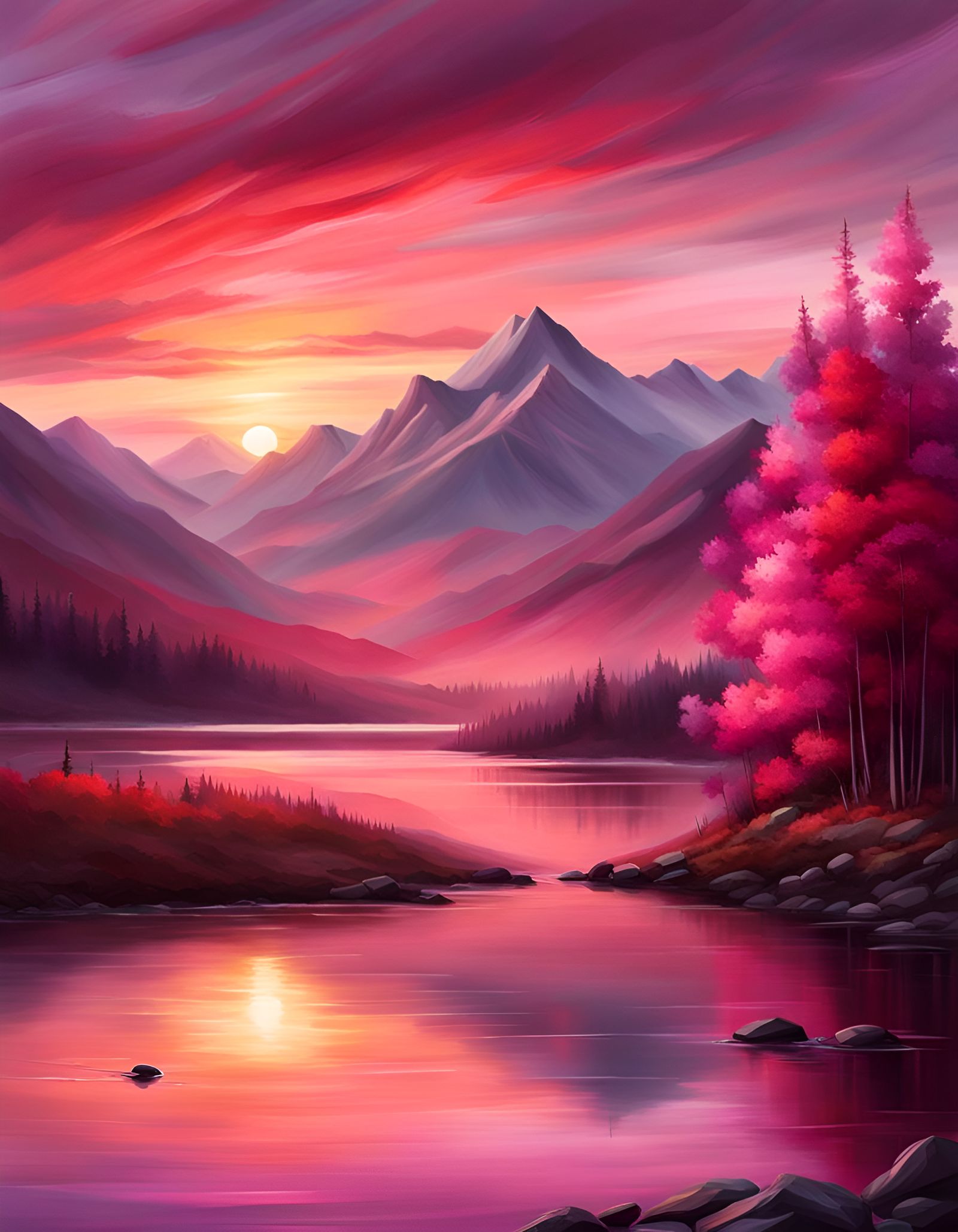Matte Painting Sunset Over Lake With Mountains in Cool Tones